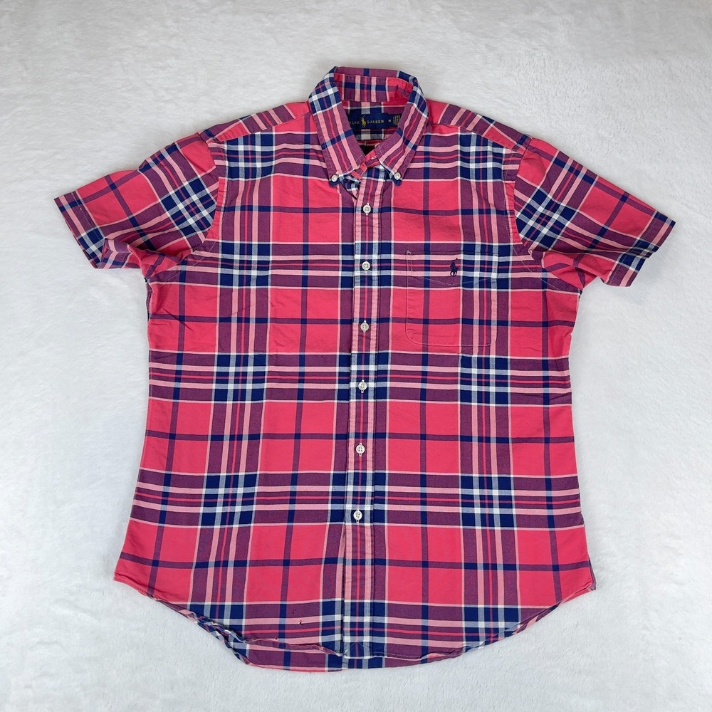 Ralph Lauren Shirt Mens M Red Plaid Pony Logo Short Sleeve Collared Button Down